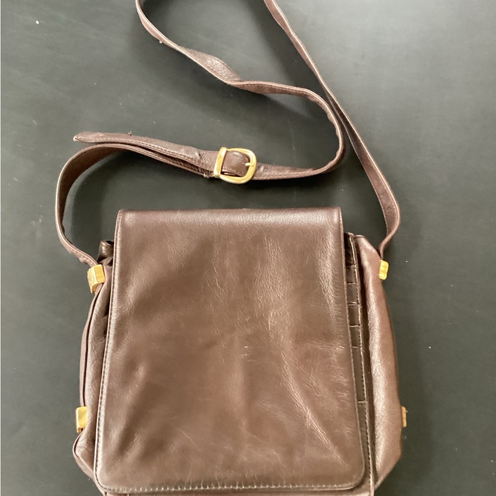 Brown Morgan Taylor Vintage Leather Crossbody Bag with Gold Accents